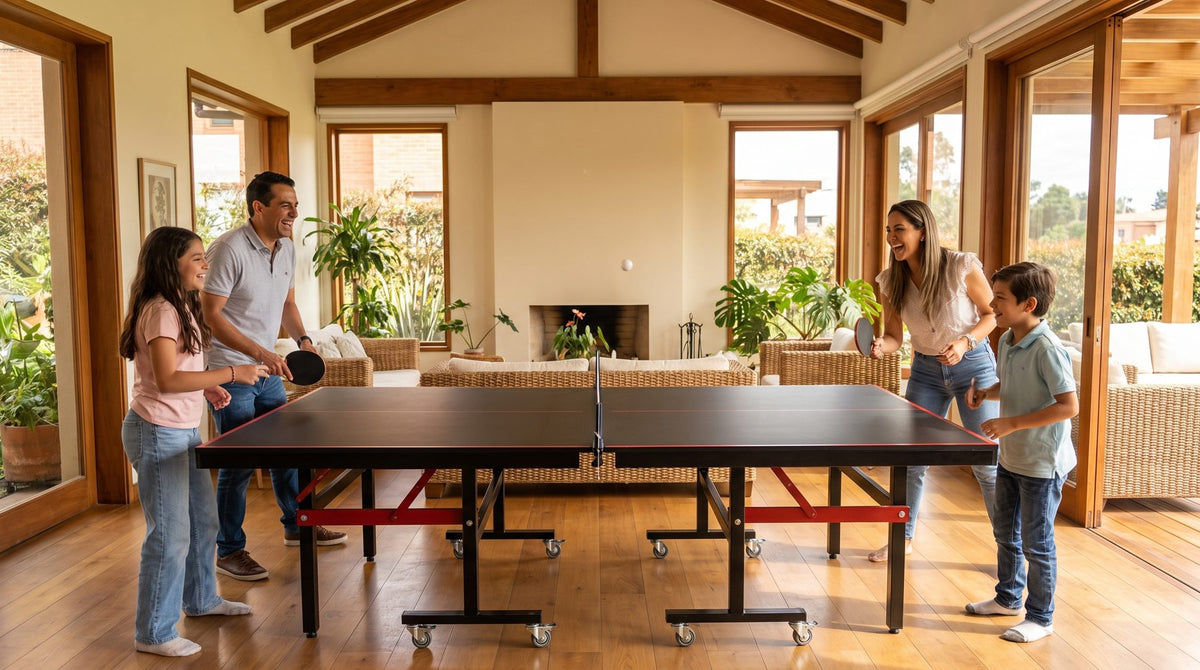 Familia jugando ping pong en casa